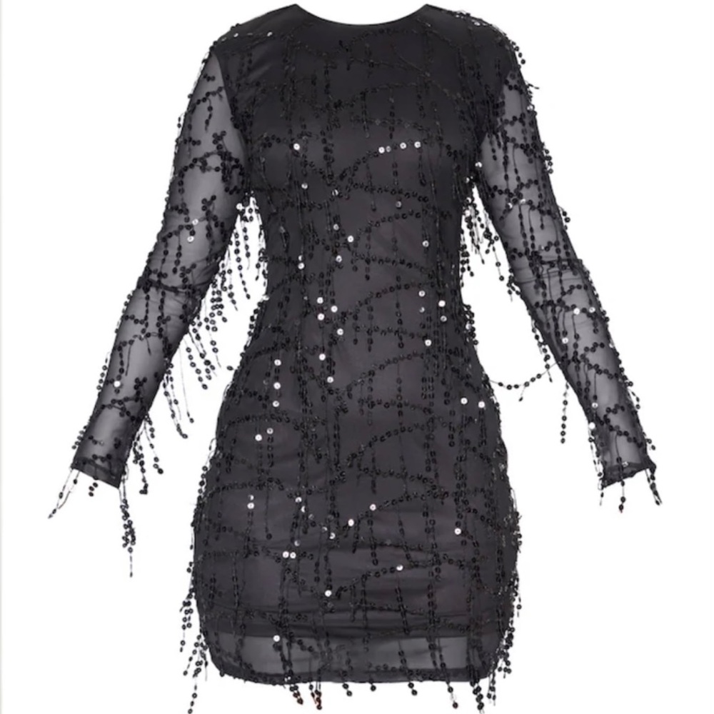 PLT Black Sequin Detail Long Sleeve Mini Dress
